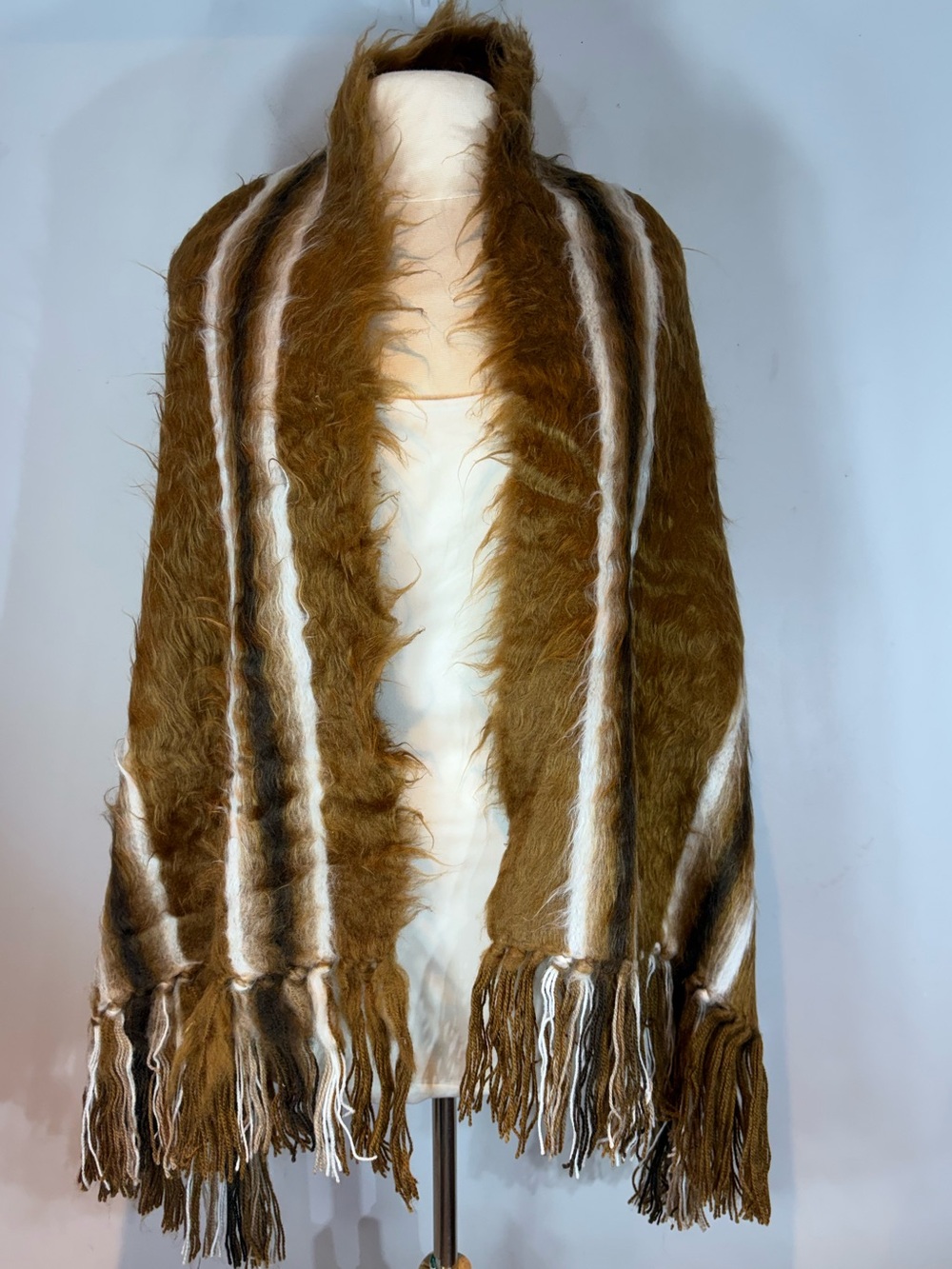 Vintage Alpaca Oversized Scarf Shawl Brown Striped Fringe Argentina